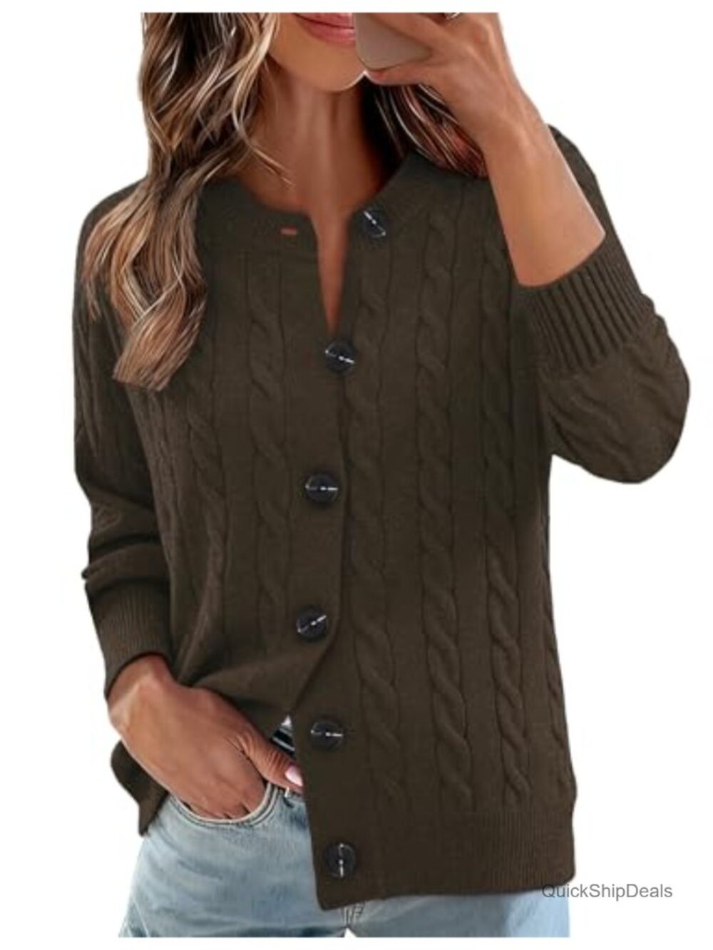 Womens Cable Knit Button Up Cardigan Crewneck Long Sleeve Lightweight